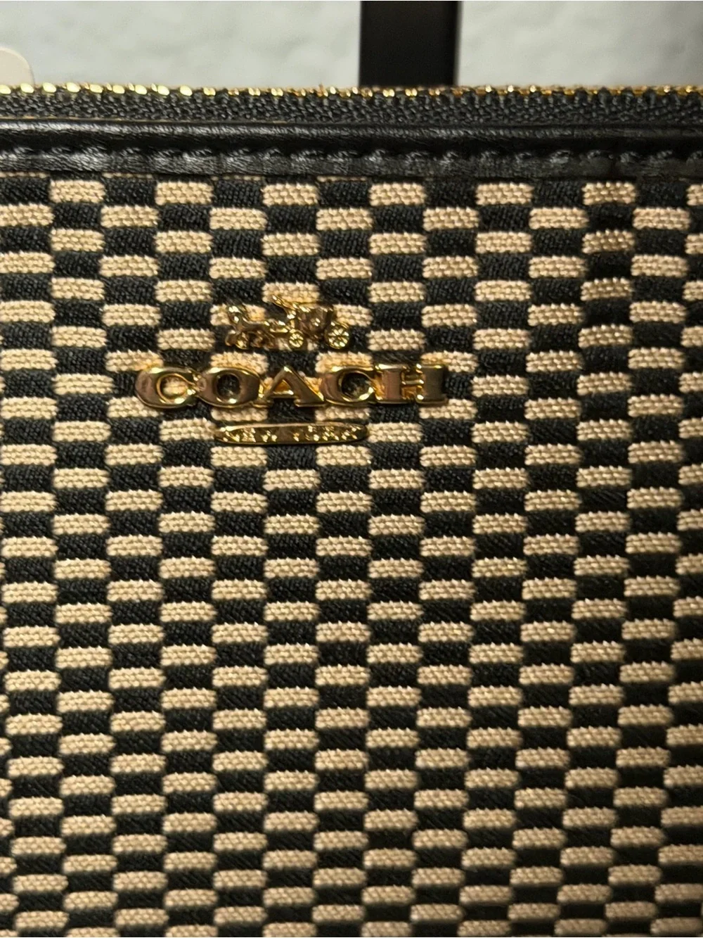 Coach Black and Beige Checker Zip Wallet with Gold Logo